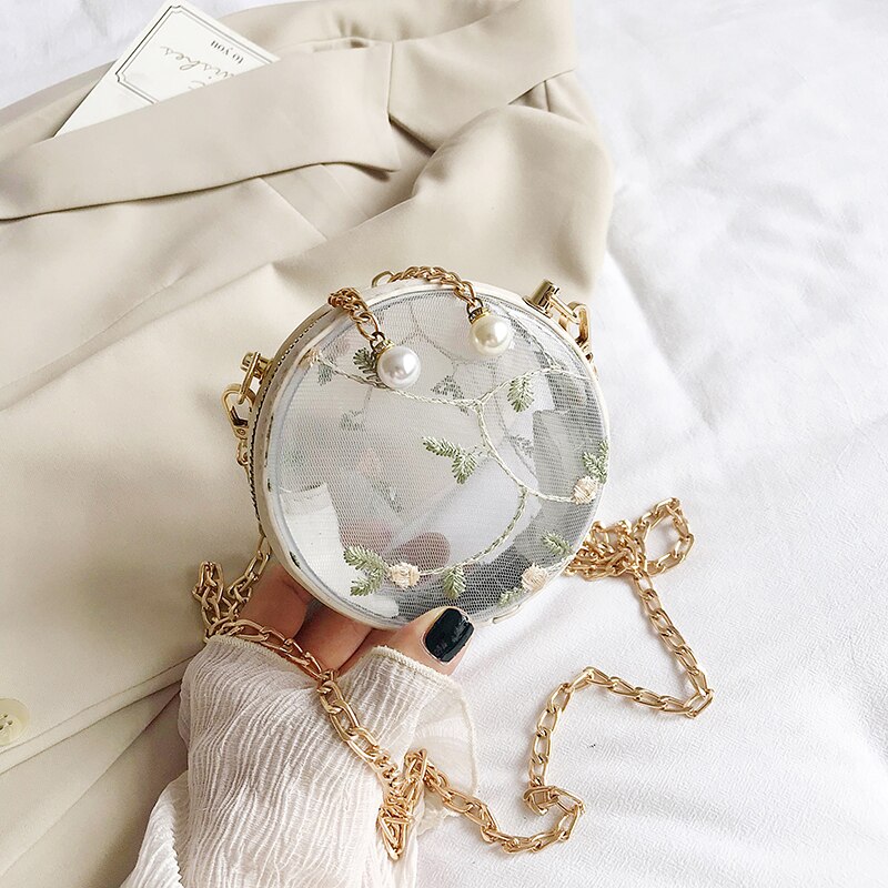 Transparente Runde Umhängetasche - Floral PVC - Perlen & Ketten Deko - Einzelner Riem - Lady Stil: 12 cm Beige