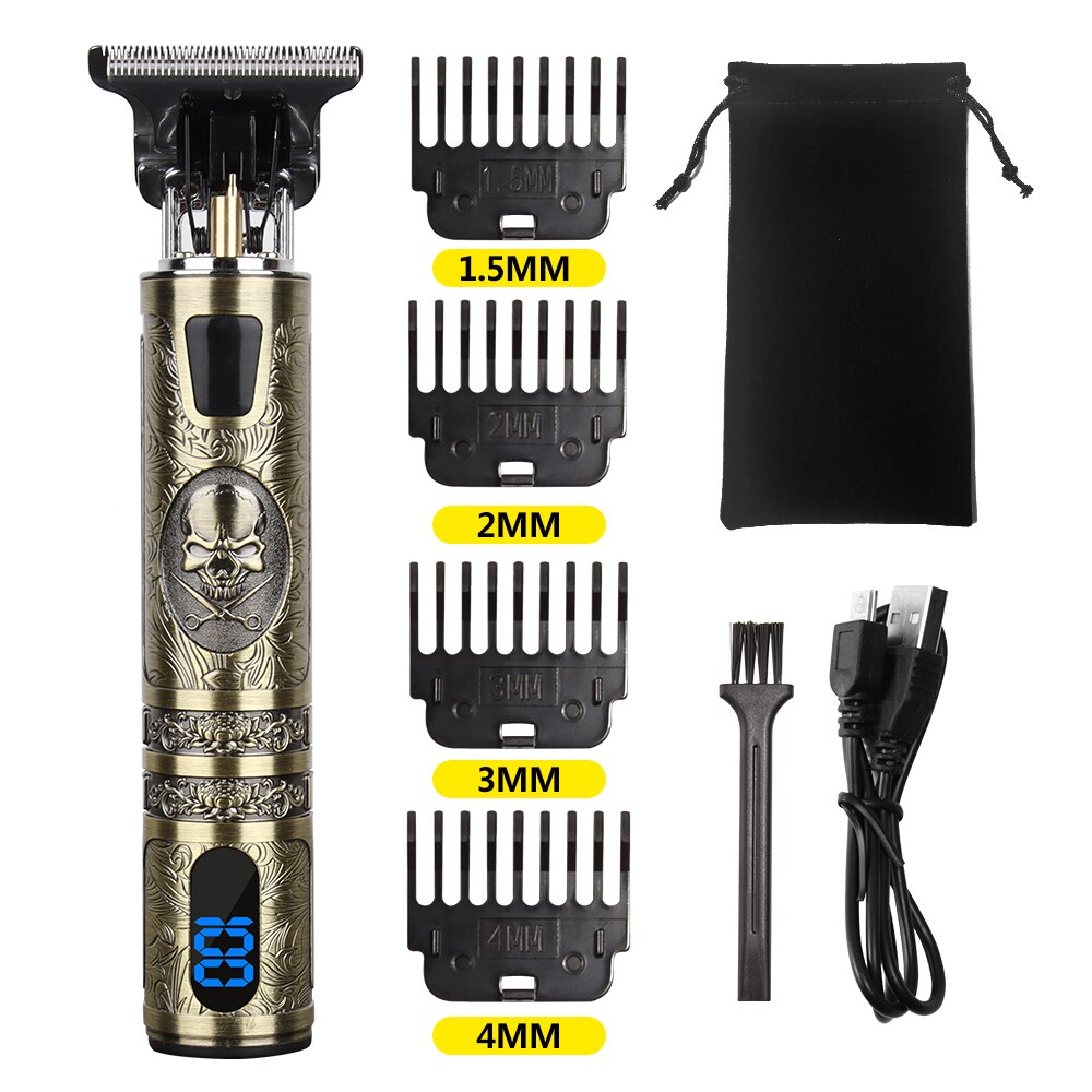 Tondeuse à cheveux électrique Vintage T9 pour hommes, rasoir Rechargeable USB 0mm, tondeuse à barbe professionnelle, salon de coiffure: skull nobox