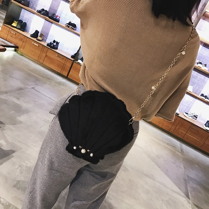 Shell Shape Faux Fur Pearl Ketting Dames Schoudertas Handtas Casual Purse Vrouwen Crossbody Mini Messenger Bag 4 kleuren