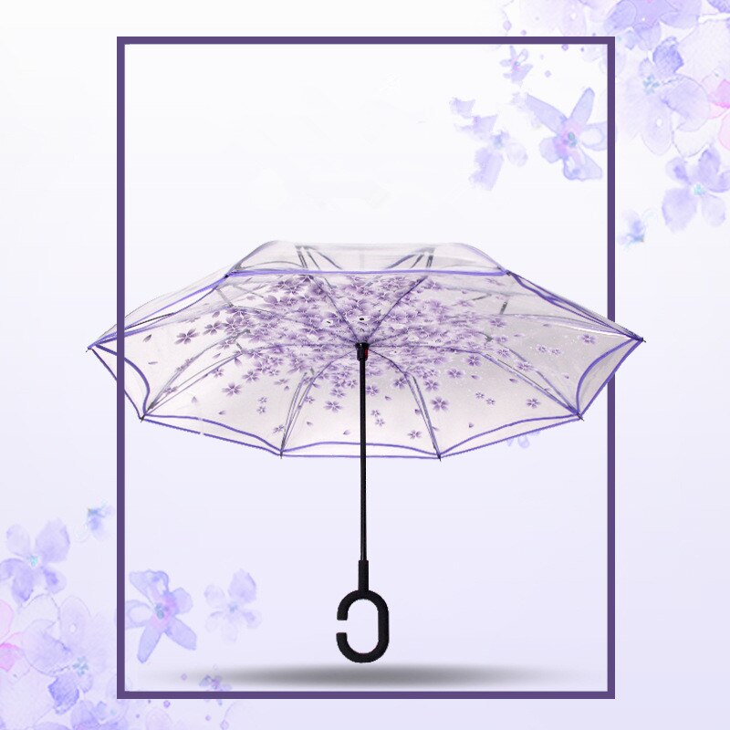 Gennemsigtig vindtæt omvendt folde dobbeltlags paraply omvendt selvstændig regnbeskyttelse c-hook hænder paraply til bil: Lilla