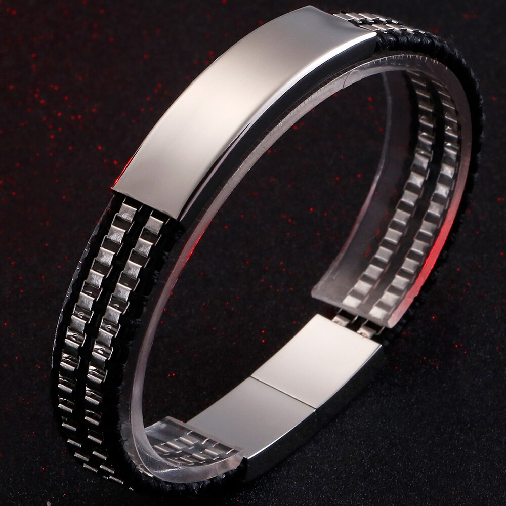 Friendship Bracelets Double Layer Stainless Steel & Leather ID Bracelet For Men Name Logo Engrave Engagement For Boyfriend