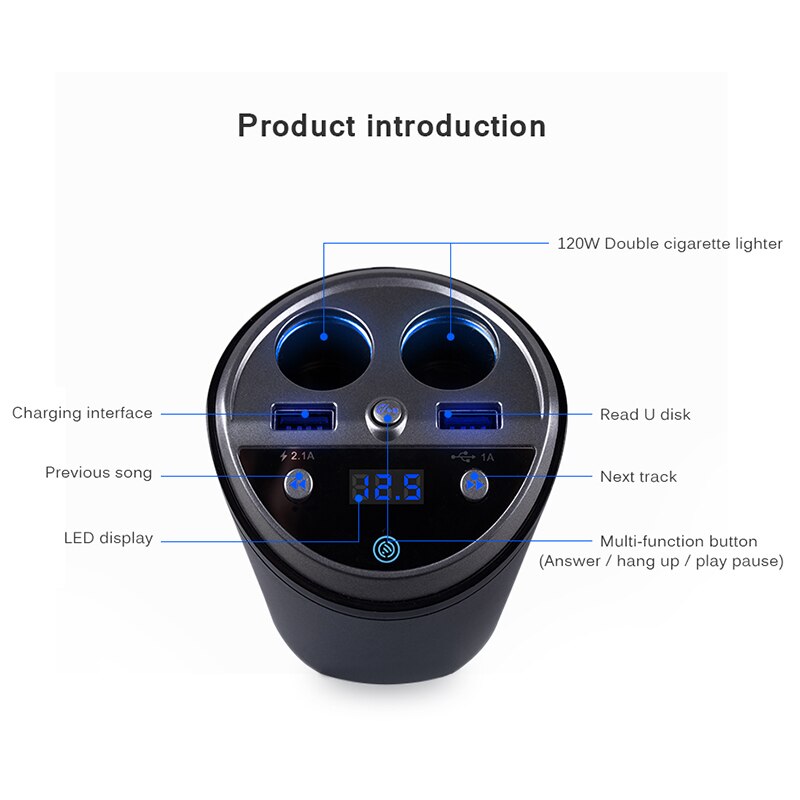 Bluetooth draadloze auto fm-zender, bekerhouder voor  mp3 spelers, handsfree autokit, fm-radio, dubbele usb-poort voor sigarettenaansteker in de auto
