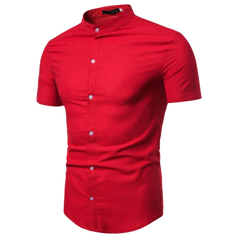Sommar herr kortärmad solid slim fit stativ krage bomull linne skjorta vanlig plus size 3xl herrkläder: Röd / Xxl 75-82kg
