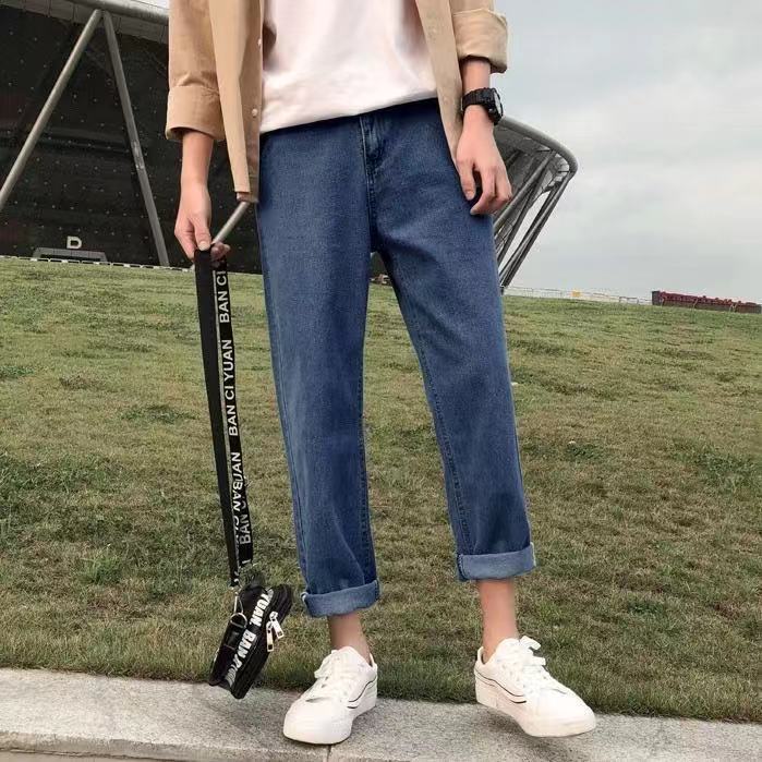Męskie jeansy do kostek jednolity luźny Plus rozmiar 2XL myte wypoczynek eleganckie nastolatki BF luźne męskie proste spodnie jeansowe w stylu koreańskim: dark blue / S