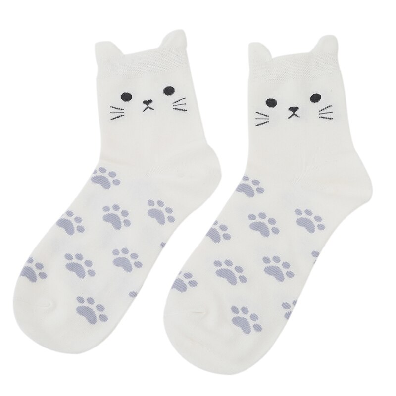 5 Pairs Leuke Harajuku Vrouwen Sokken Set Cartoon Print Katten Poot Patroon Katoenen Sokken Met Kat Oren Voor Vrouwen herfst Sokken