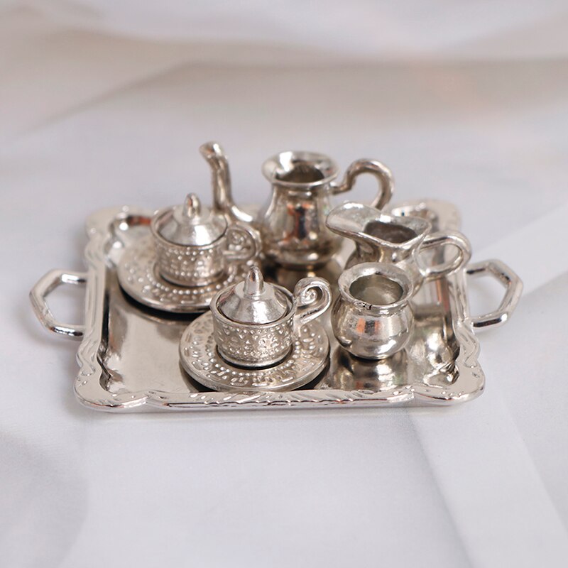10 Stks/set 1/12 Dollhouse Miniatuur Zilveren Metalen Thee Koffie Lade Servies Voor Poppenhuis Decoratie