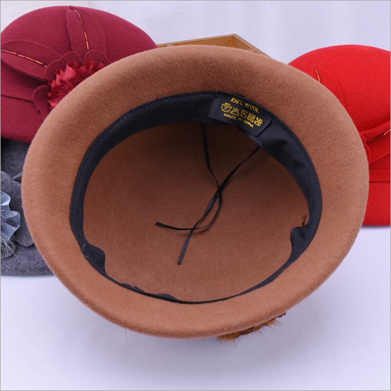 Mother Lady Autumn And Winter Woolen Curling Hats Woman Party Formal Top Grade 100% Wool Felt Hat Bucket Cap