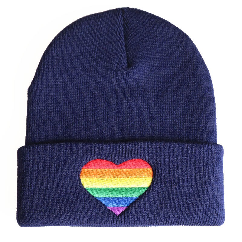 Regnbågshjärta lgbt lesbisk gay mössa keps hip hop mössor stickad vinter varm mössa justerbar cool broderi mössa cosplay: Blå