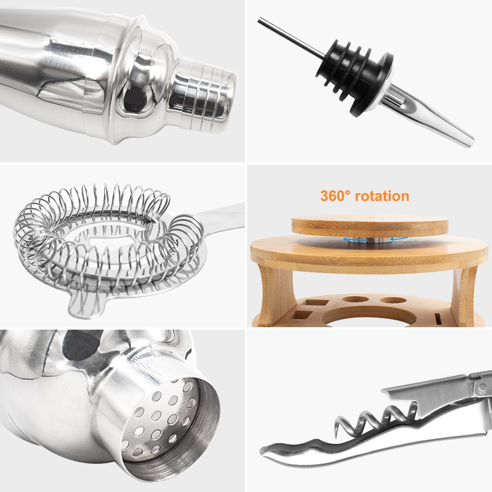 Juego de coctelería de acero inoxidable, mezclador de vino de 750ML con Base giratoria de bambú, herramientas de Bar, accesorios de , 12 Uds.