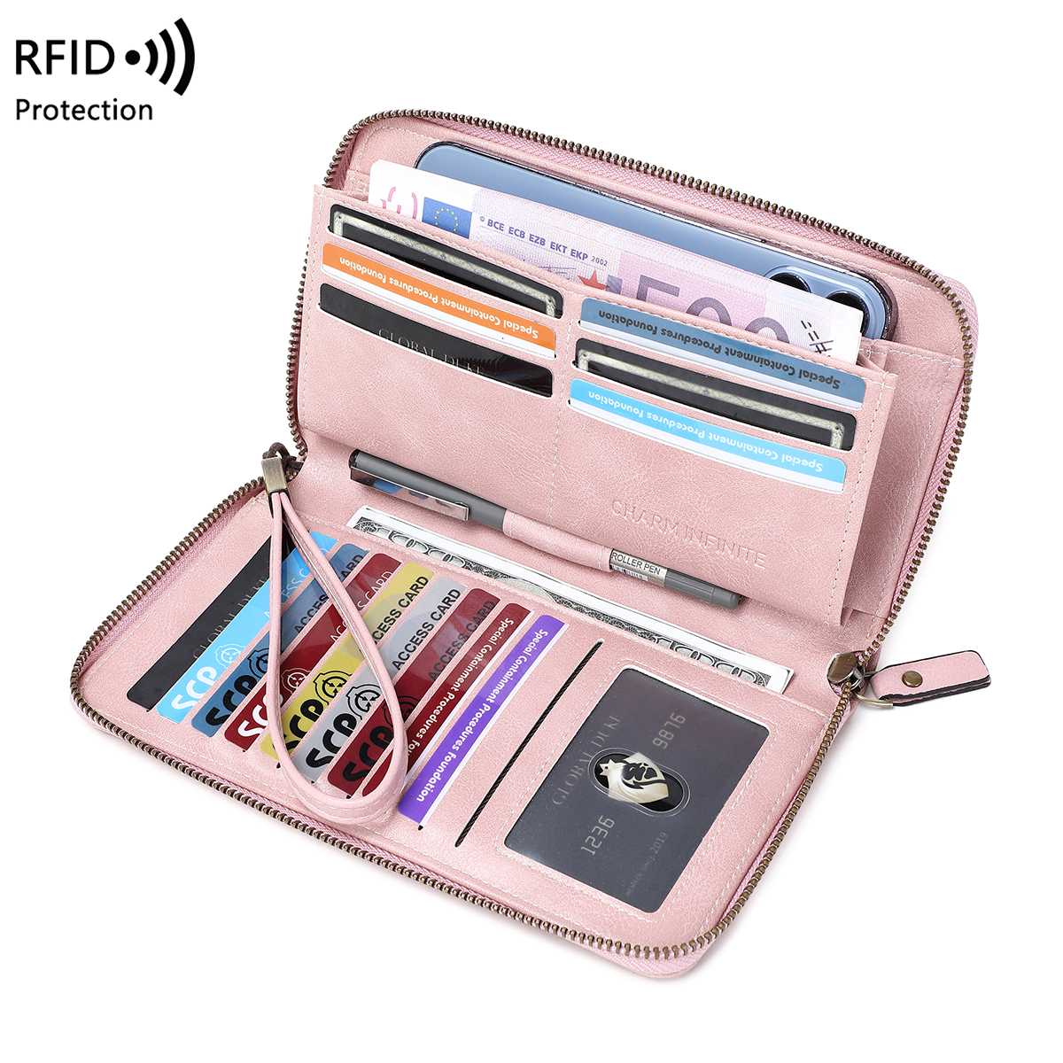 RFID anti-diefstal borstel portemonnee voor dames, meerdere sleuven, vintage, grote capaciteit, multifunctionele, stijlvolle clutch met polsband: Roze