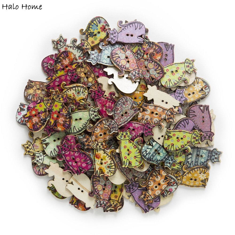 50 stücke Gemischten Stil Katze Holz Tasten Nähen Scrapbooking Heimat Kleidung DIY Machen Handarbeit Dekor Karikatur Dekorative 30x19mm