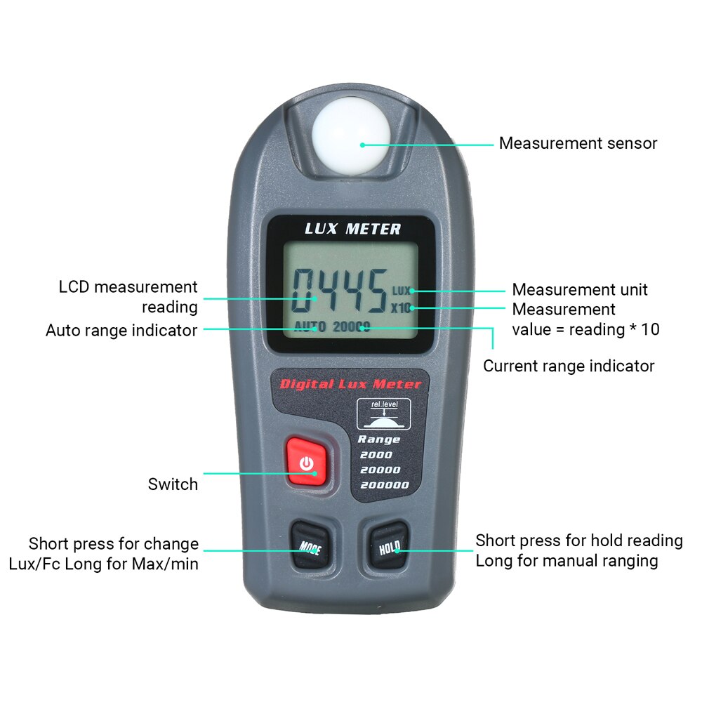 Light Meter Digital Illuminance Meter 0.1-200,000Lux 4 Switchable Ranges Portable Illuminometer Pocket Lux Meter with LCD Screen