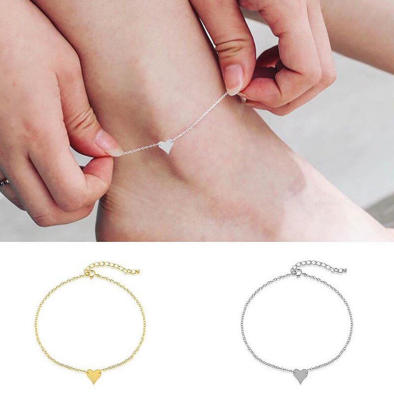 Tobilleras de acero inoxidable para mujer, cadena de eslabones con colgante de corazón ajustable, accesorios de joyería