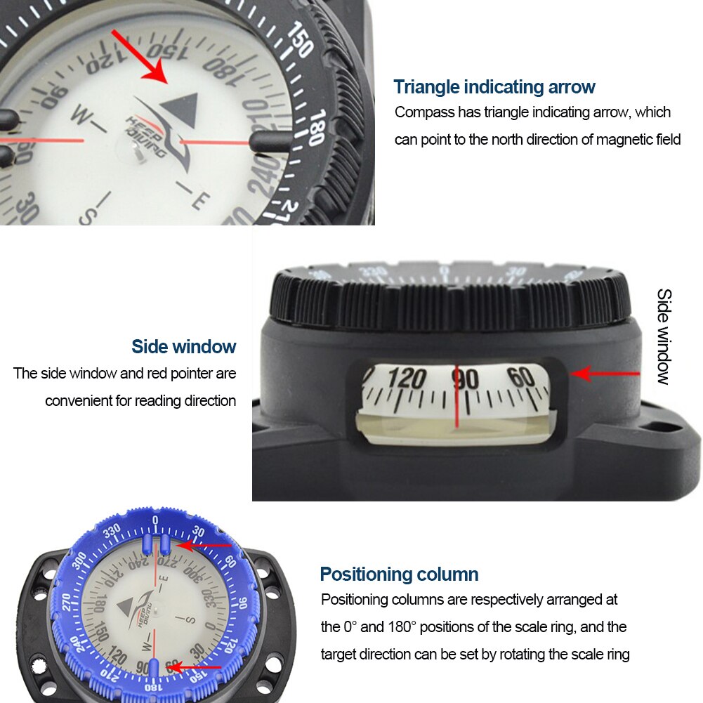 Underwater Luminous Compass Scuba Diving Navigation Compass Portable 50m Waterproof Dial with Wrist Strap for Outdoor Hiking