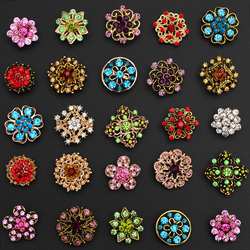Broche Pin 25 Kleuren Vintage Kleurrijke Crystal Gold Bloemen Rhinestone Broche Pin Badge Diy Strass Accessoires Party Bruiloft