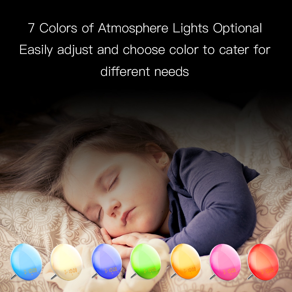 Reloj despertador con 4 alarmas, luz de activación inteligente, WiFi, 7 colores, simulación de Amanecer/atardecer, Compatible con Alexa y Google Home