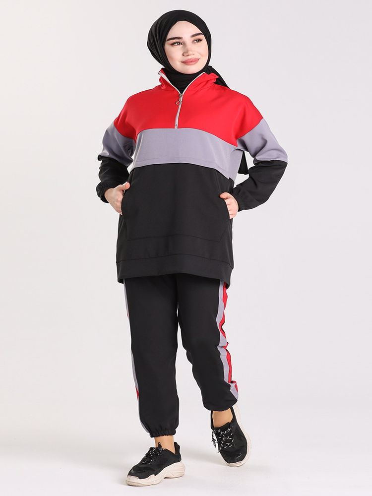 Kangourou – ensemble pantalon Double poches pour femmes, 2 pièces, col ras du cou, tunique taille haute, jambes larges, quatre saisons: Black-Red / L-XL