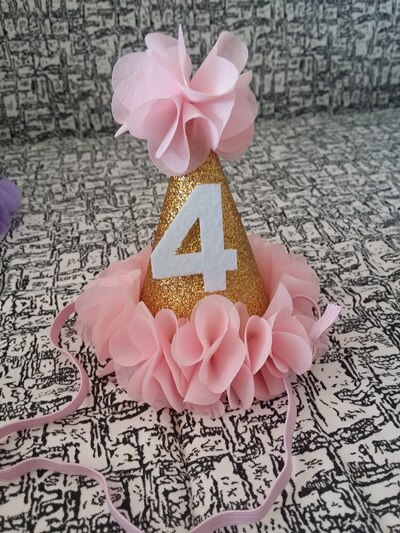 Meisje Bloem Tuin Shabby Chic Verjaardag Hoed Roze Lavendel Gouden Bloem Party Hoed Hoofdband 1st 2nd 3rd Pasgeboren Glitter party Cap: Pink 4 one piece