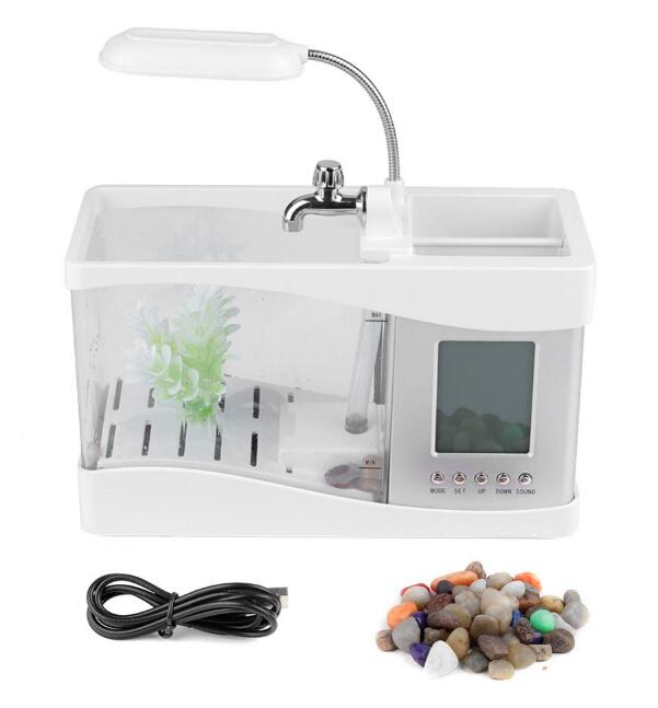 Aquarium USB Mini Aquarium Aquarium Aquarium met LED Lamp Licht Lcd-scherm en Klok Aquarium Aquarium: WHITE