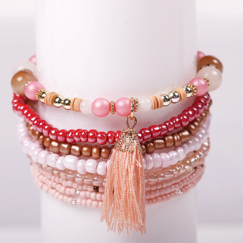 Boho Multilayer Beads Wrap Friendship Bracelets For Women Bead Tassel Charm Bracelet Femme Christams Jewelry Pulseras Mujer: Pink