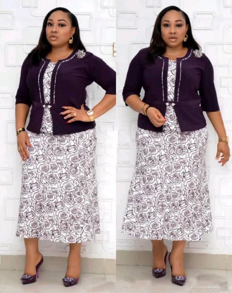 Plus Size Africa Dresses 2 Piece Set Coat Jacket And Dress OL Suit Spring Floral Print Maxi Dress African Outfit: Purple / XXL