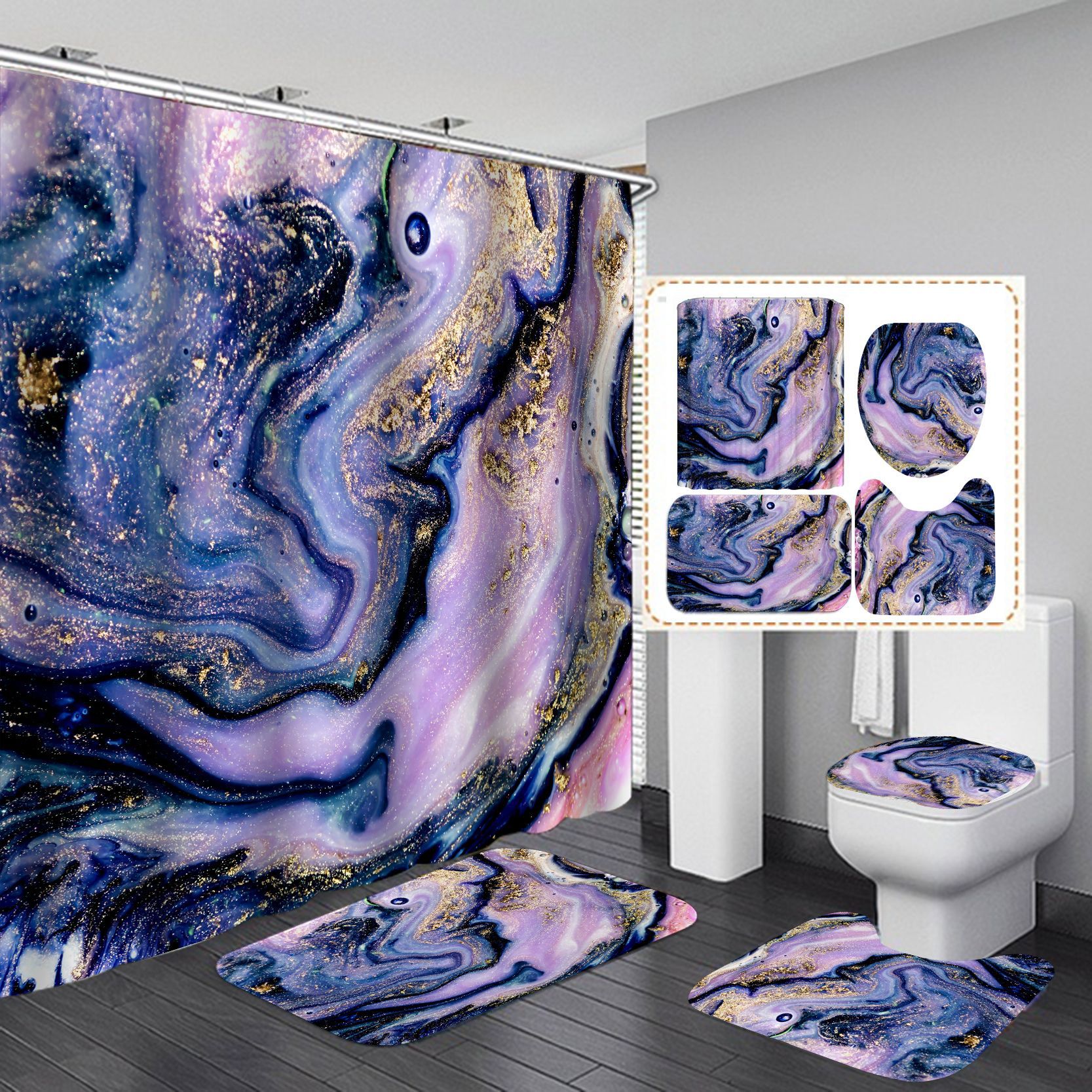 Tenda da doccia in marmo con trama a inchiostro Set da bagno morbido in 4 pezzi lussuoso tessuto in poliestere con stampa grafica con gancio: 4