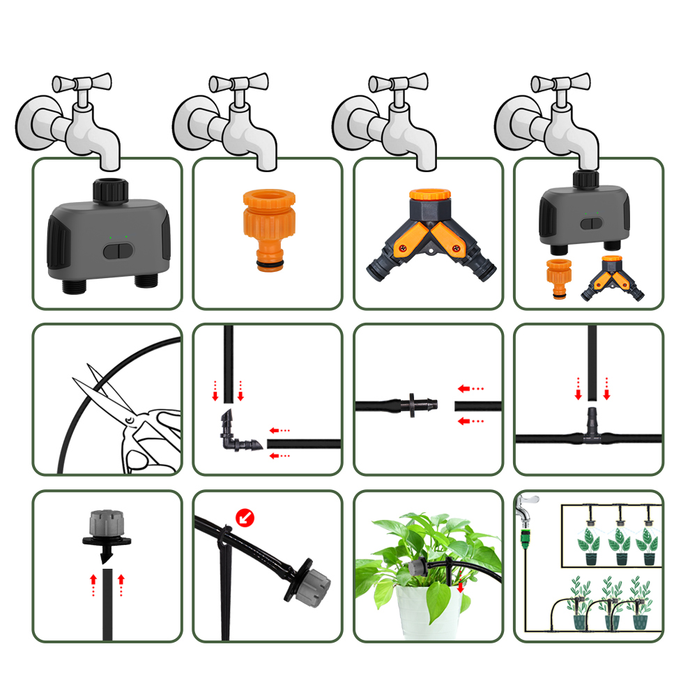 Drahtlose 2-Weg Garten Bewässerung System Einstellbar Tropf Bewässerung Kit Wifi Bluetooth-kompatibel Timer Controller 1/4'' Schlauch T