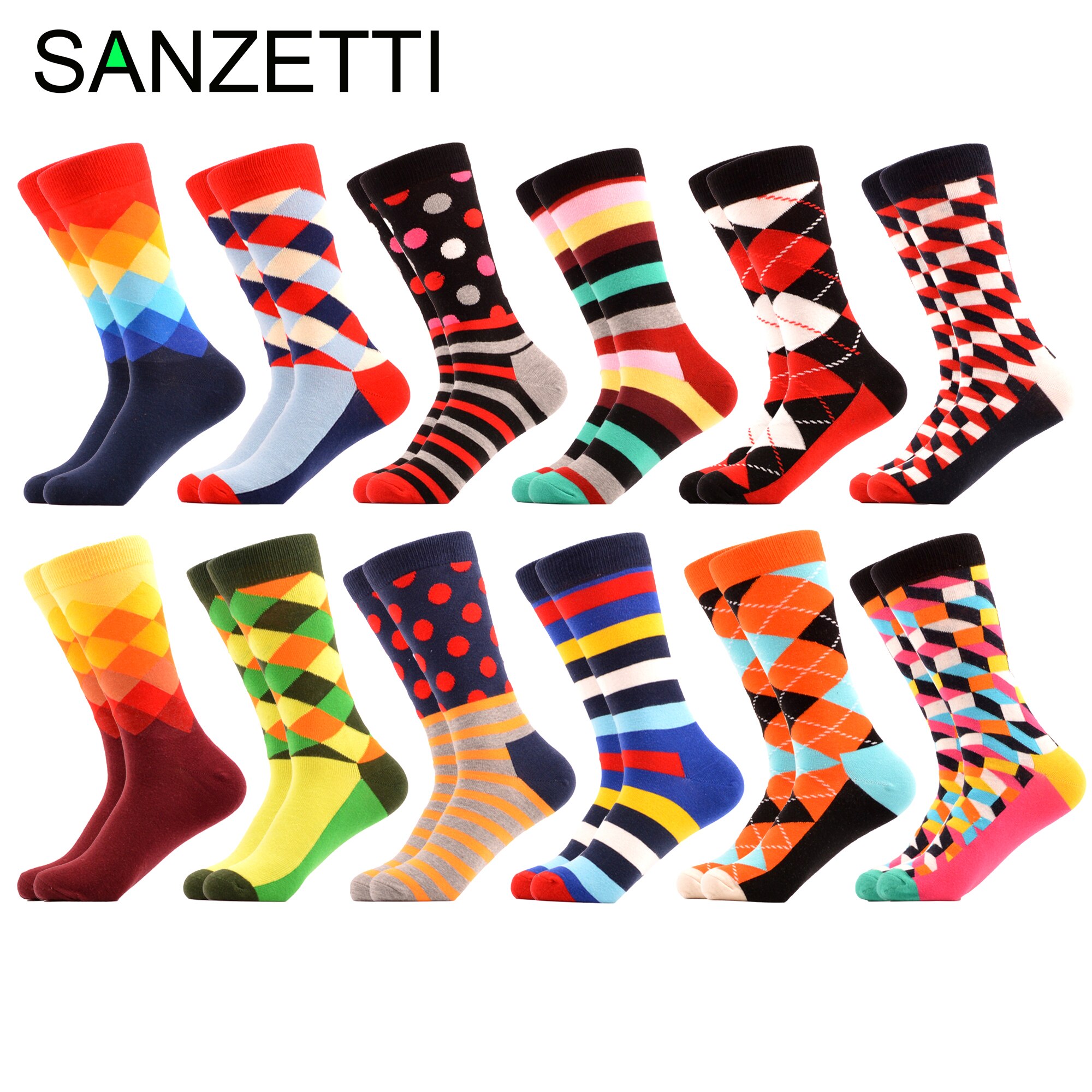SANZETTI-chaussettes pour hommes, style Hip Hop, en coton peigné, haute couleur, nouveauté, Skateboard, motif géométrique, motif Harajuku,
