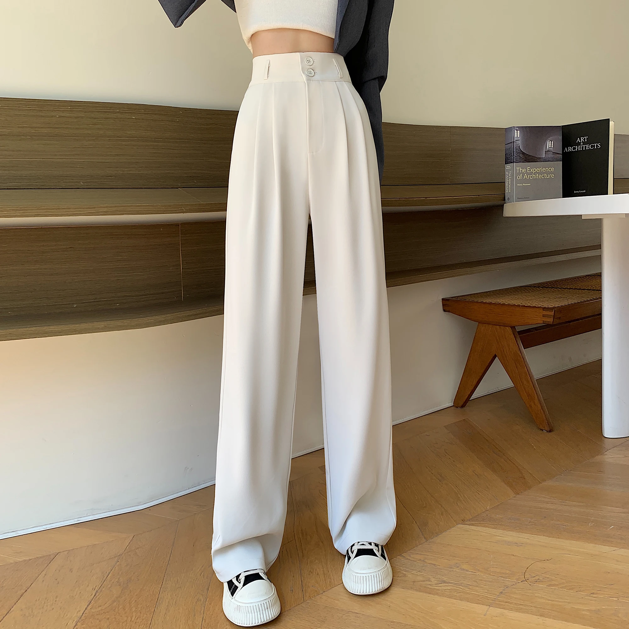 Spring Summer White High Waist Suit Wide Leg Women's Pants Female Buttons Minimalism Straight Loose Trousers