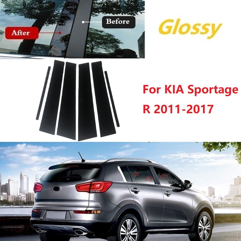 Postes de Pilar pulido para KIA Sportage R , pegatina de columna, cubierta embellecedora de ventana BC, color negro brillante, 6 uds.