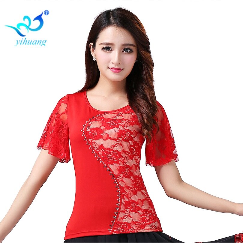 Ballsaal tanzen Kostüm Wettbewerb Spitzen Moderne Standard Tanzen Bluse Walzer Tänzerin Kurzen Ärmeln Latein Salsa Rumba #17: rot / 2XL