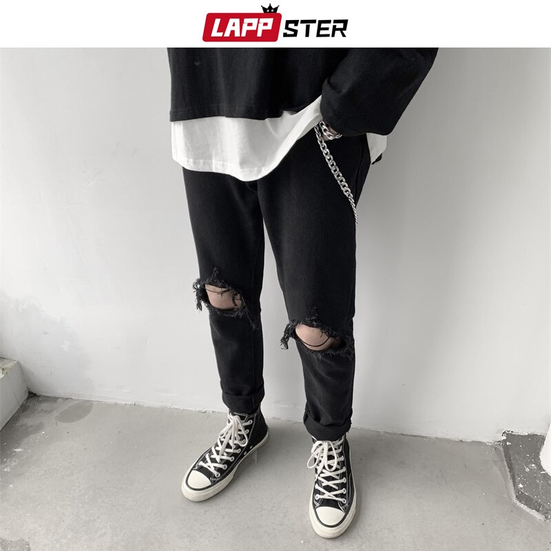 LAPPSTER Men Hip Hop Black Ripped Jeans Male Korean Streetwear Skinny Denim Pants Male Fashions High Waist Distressed Jeans
