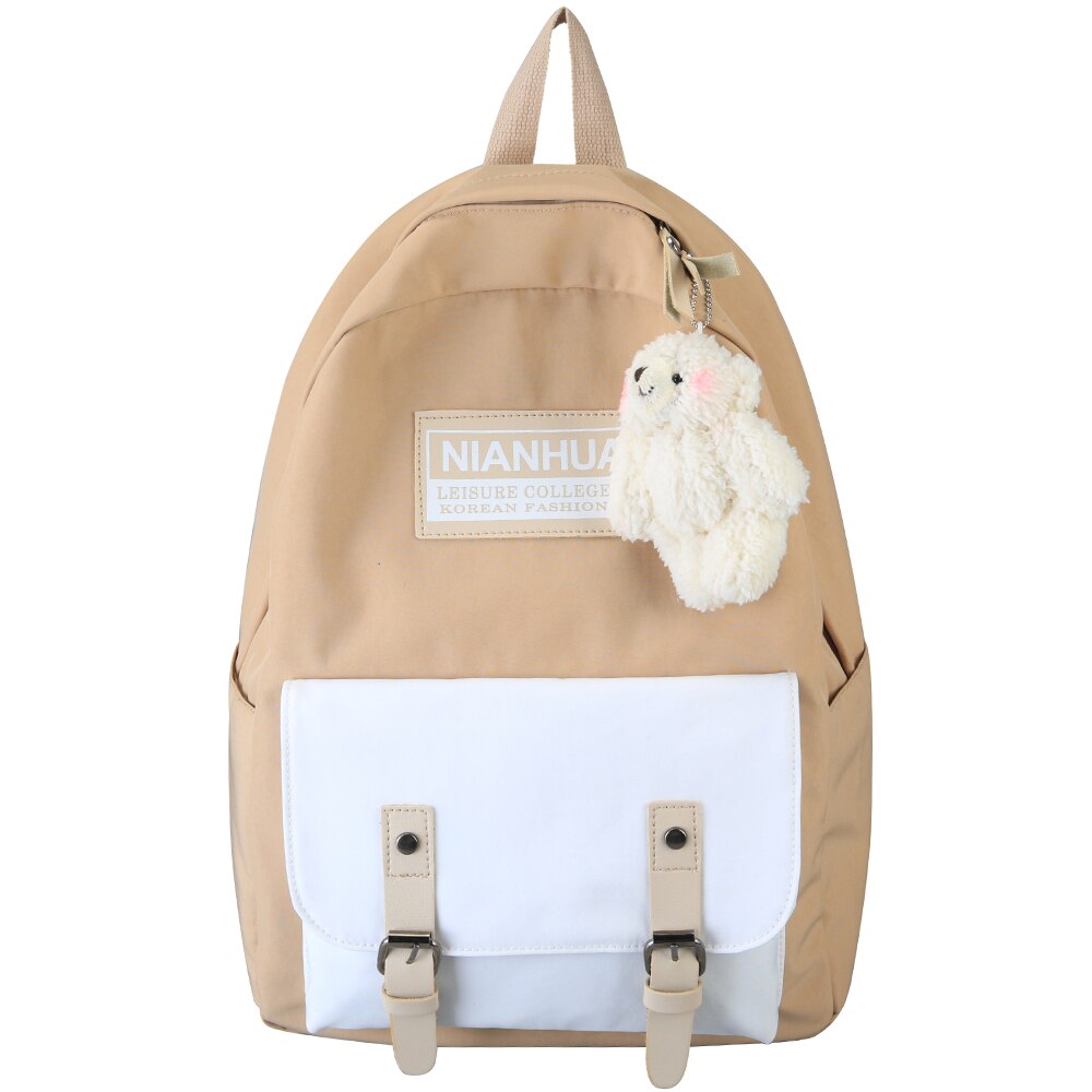 College Student Ladies Backpack Harajuku Women Female School Bag Cute Book Backpack Waterproof Nylon Girl Bag Kawaii: beige / With Bear pendant