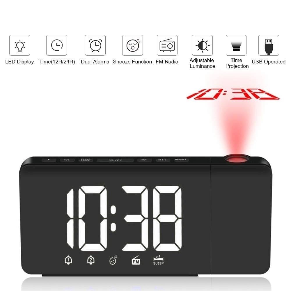 Cyfrowy budzik z projekcją czasu doprowadziło, radiem fm i funkcją drzemki, zegar stołowy z regulowanym oświetleniem i pamięcią czasu