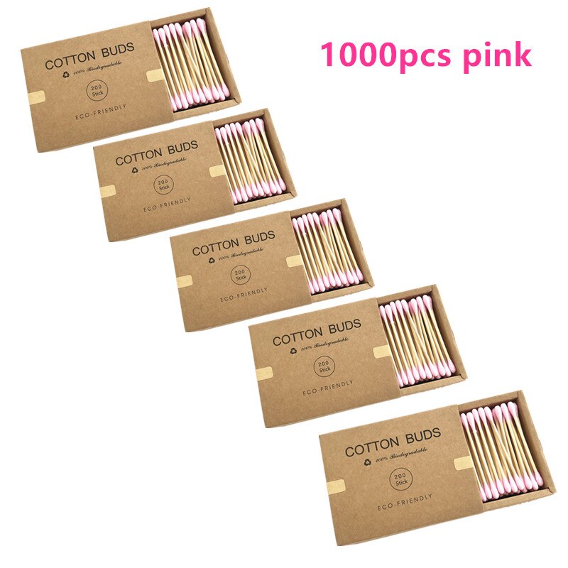 Boîte de coton tiges en bambou, emballage carton qui contient 1000 bâtonnets en bois, double embout, pour le soin des oreilles et du nez, accessoire de maquillage: 1000Pcs pink