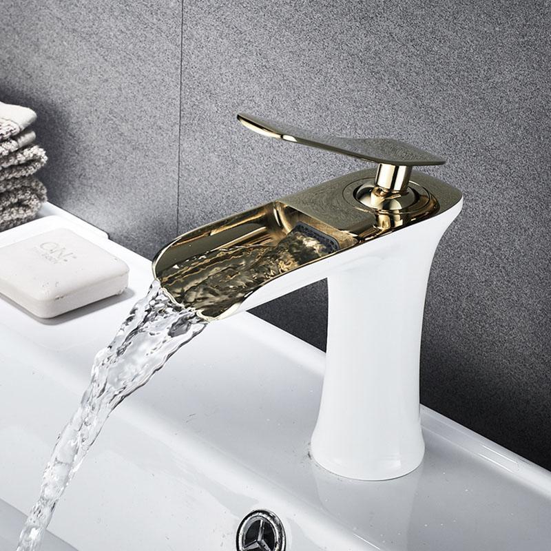 Basin Sink Faucet golden white chrome Single Handle Waterfall Bathroom Mixer Deck Mounted taps