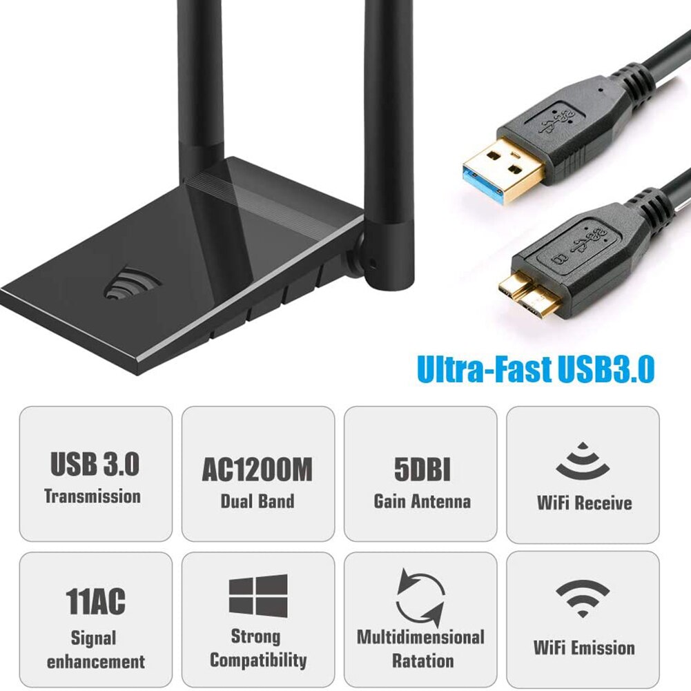 Desktop de banda dupla adaptador wi-fi sem fio usb 3.0 adaptador wi-fi 1200mbps placa rede sem fio wi-fi receptor para computador