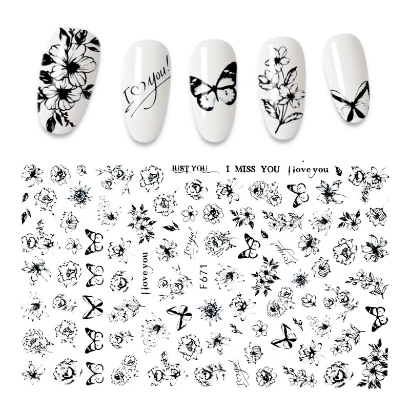 1Pcs 3D Nail Sticker Zwarte Bloem Nail Art Sticker Decals Hollow Bloemen Vlinder Zelfklevende Manicure Decoratie