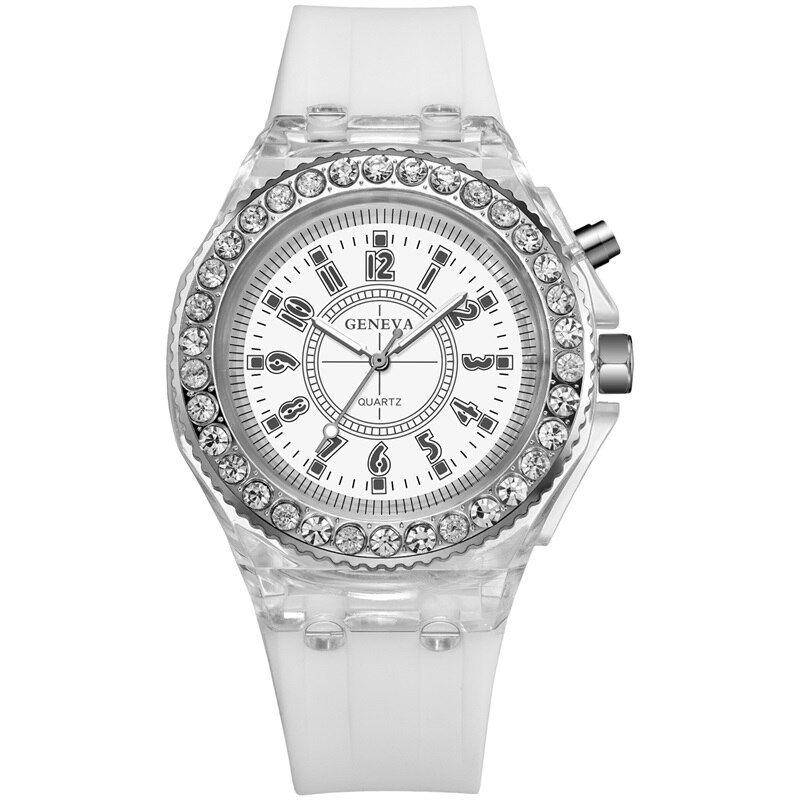 SYNOKE-relojes de cuarzo con luz Led para hombre y mujer, relojes de pulsera luminosos, con diamantes de imitación, para estudiantes y mujeres: white