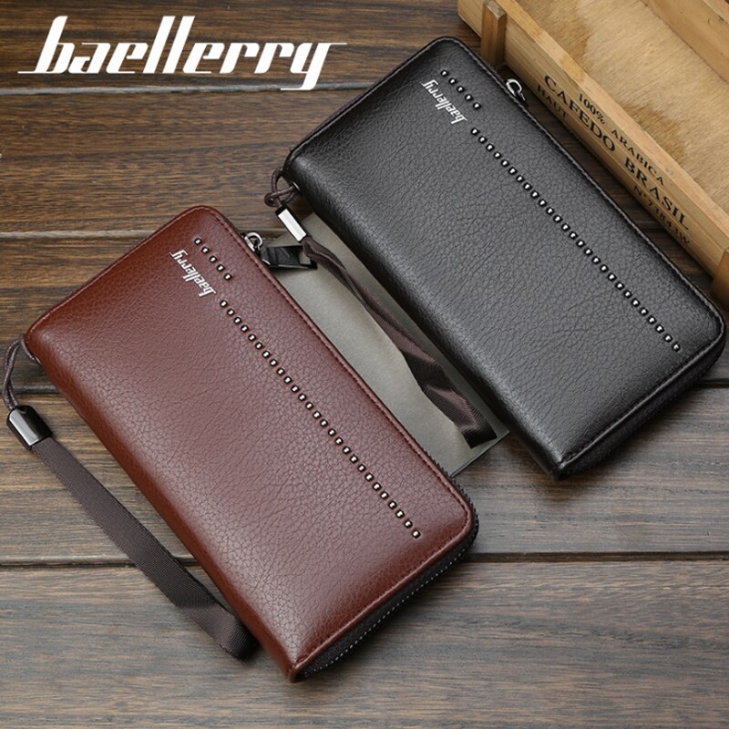 Portefeuille baellerry en cuir synthétique pour homme, grande capacité, avec fermeture éclair et bandoulière