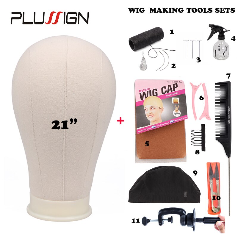 Plussign 11 PCS Wig Making Kit Canvas Block Head With Stand Mannequin Head Diy Styling Making Tools Heads Manequin: 21 Inch and Tools