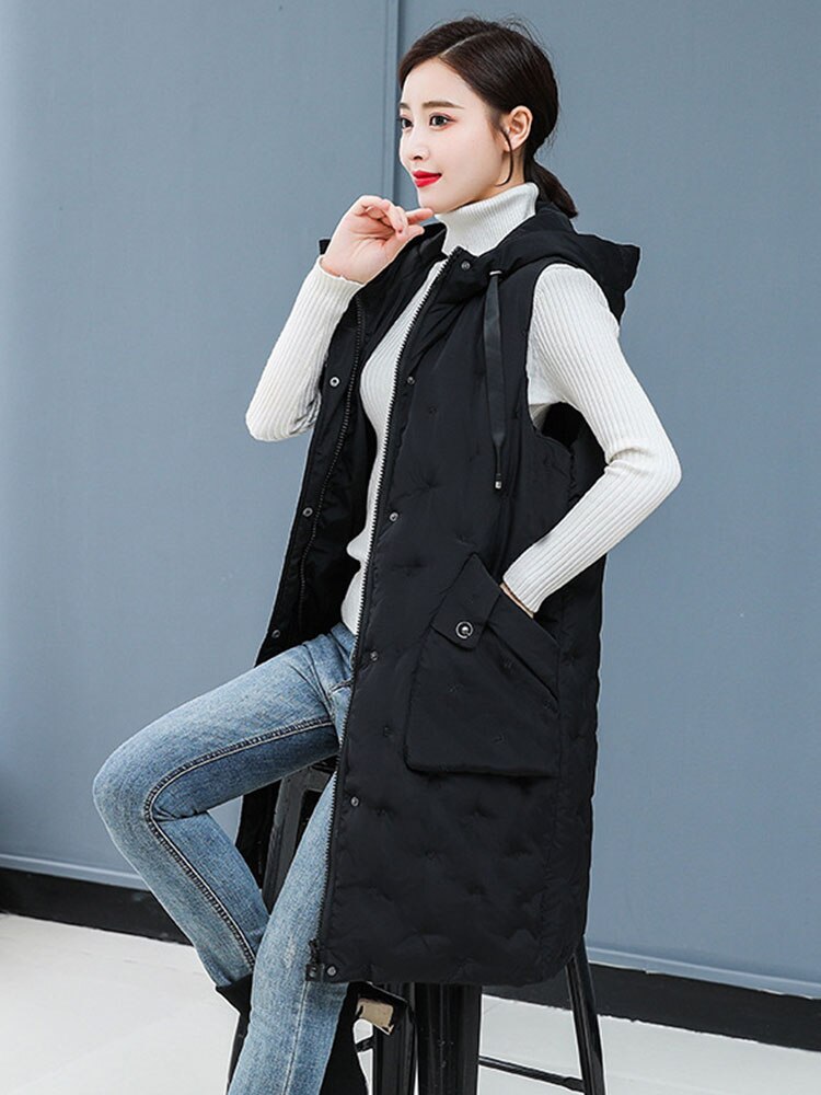 Lang Vest Dames Zwart Mouwloos Dons Beige Herfst Donsvest Winterjas Gewatteerd Vest Donsjack Capuchon Vest Gewatteerd Jasje Lang Vest Sportvest Overgangsjack Overgangsvest Wintervest
