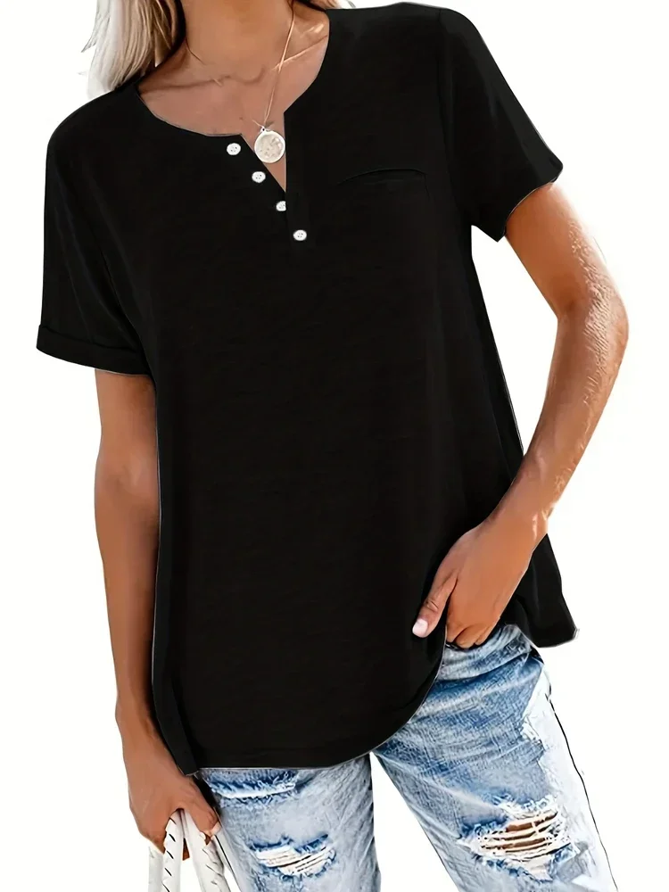 T-shirt décontracté à manches courtes et col en V pour femmes avec poches, grande taille, 1XL-8XL, printemps et été, style