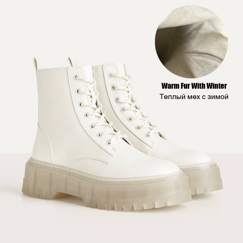 PVC Transparent talon bottines pour femmes blanc à lacets plate-forme bottes femmes automne INS femmes grosse moto bottes: Warm Fur White Boots / 9