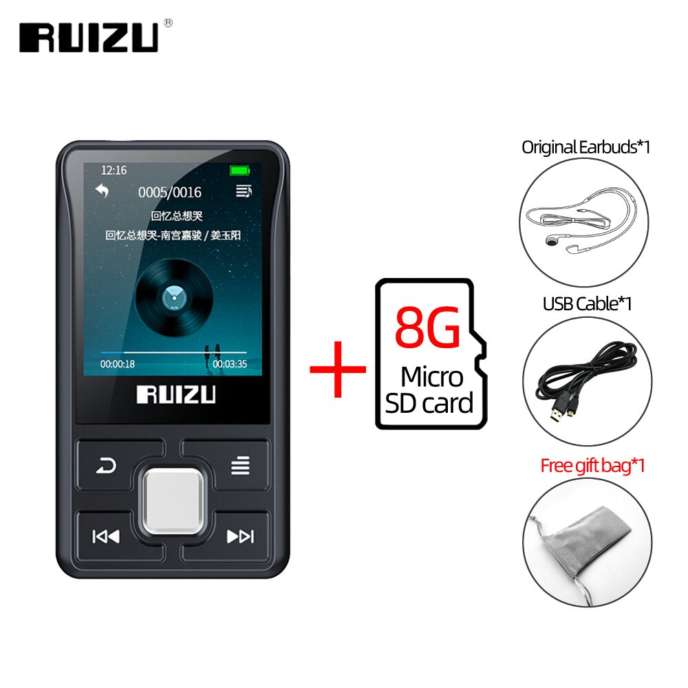 RUIZU-REPRODUCTOR DE música funcional X55 Clip Sport, portátil, con Bluetooth, MP3, 8GB, pantalla a Color, compatible con tarjeta TF, FM, grabación HD,: With 8GB TF Card