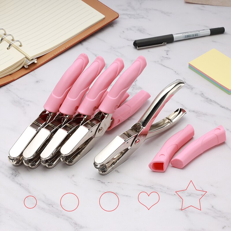 Handle Hole Punch DIY Loose-leaf Paper Cutter Pink Single Hole Puncher with Protective Case School Office Binding Stationery