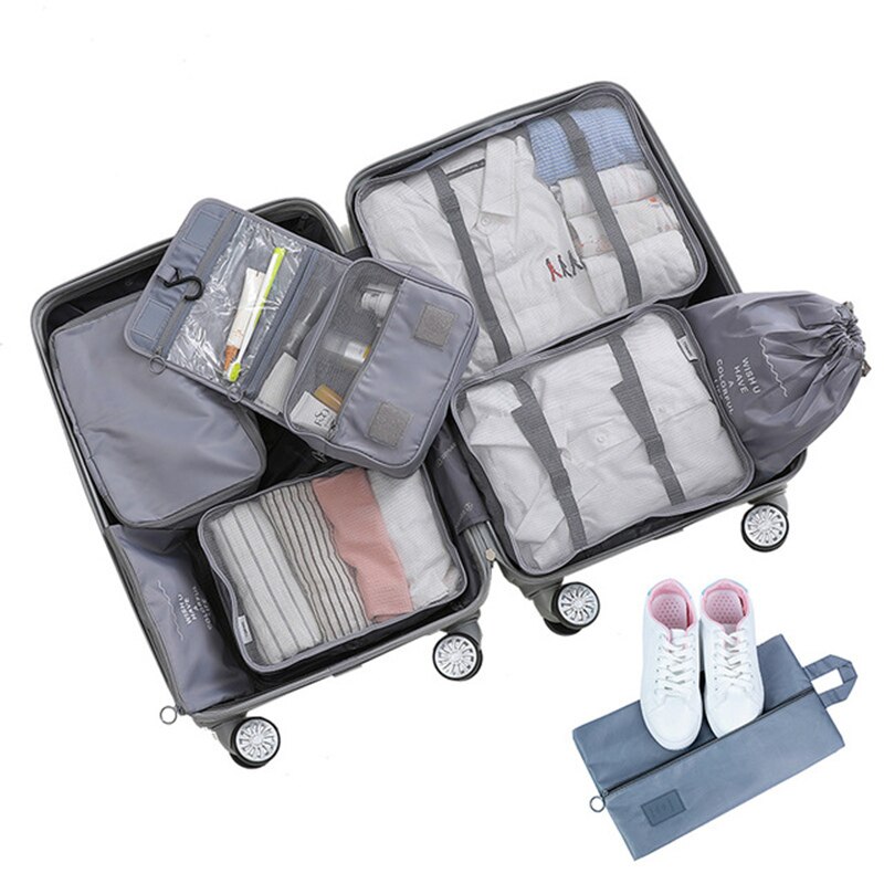 8-Piece Luggage Packing Cube Set - Large Capacity Travel Organizer Bags - Polyester Storage Suitcase Organizer: Gray