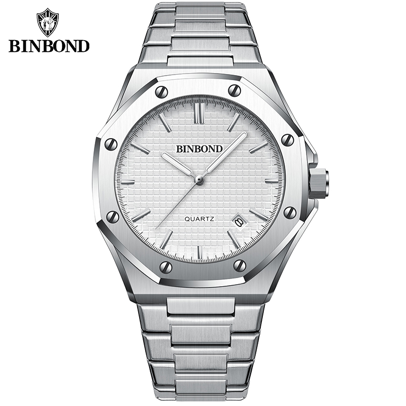 BINBOND montre pour hommes Top Royal décontracté hommes grand cadran argent acier inoxydable calendrier Quartz montre-bracelet classique lumineux B0233