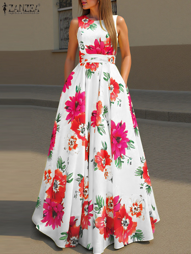 ZANZEA Frauen Bohemian Kleid Floral Bedruckte Tank Sommerkleid 2025, Sommer Ärmellose Taille Robe Casual Party Maxi Kleider: S / WHITE