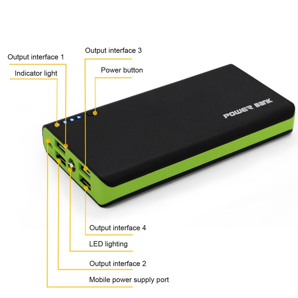 Power Bank Shell with LED Flashlight 4 USB Ports 5V 2A Power Bank Charger Case DIY Kits Powered By 6x 18650 Batteries